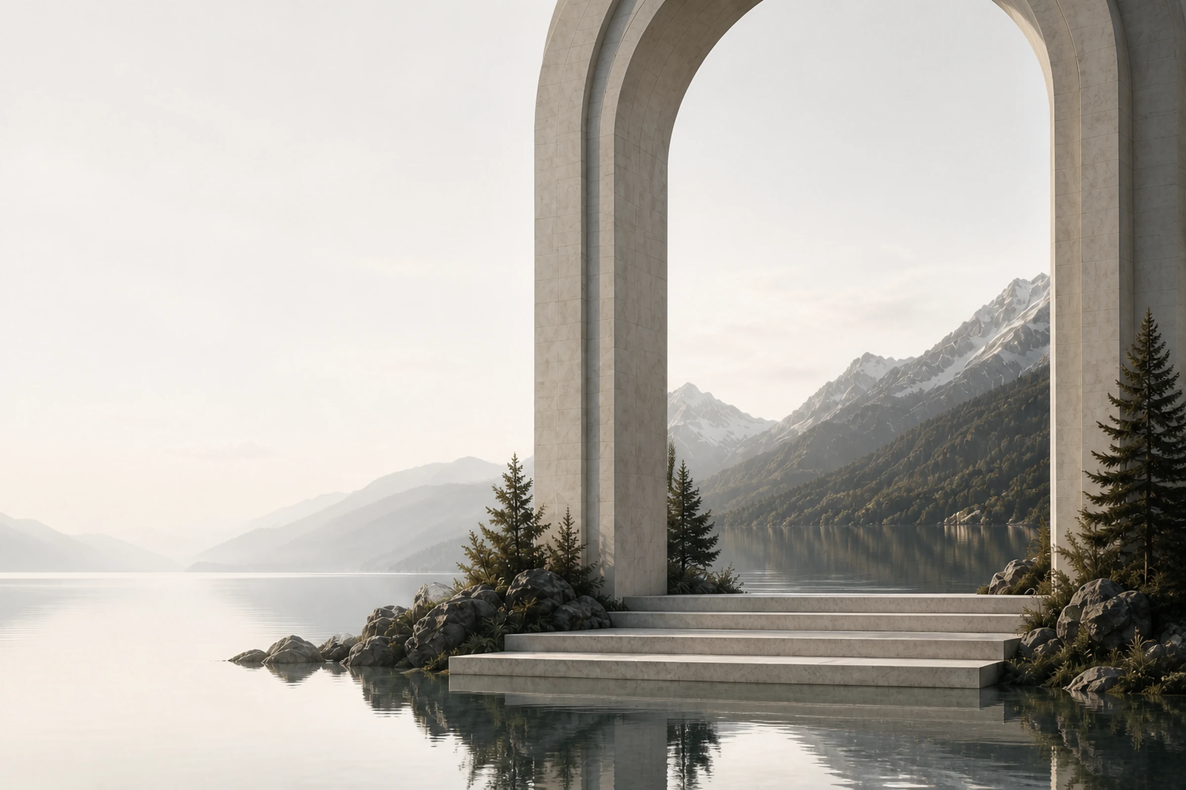 A monumental stone portal opening onto a still alpine lake